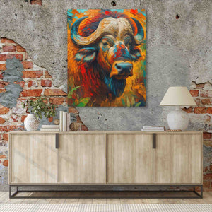 a painting of a bull on a brick wall