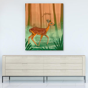 a painting of a deer in a forest