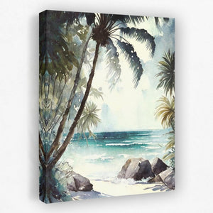 a painting of a tropical beach with palm trees