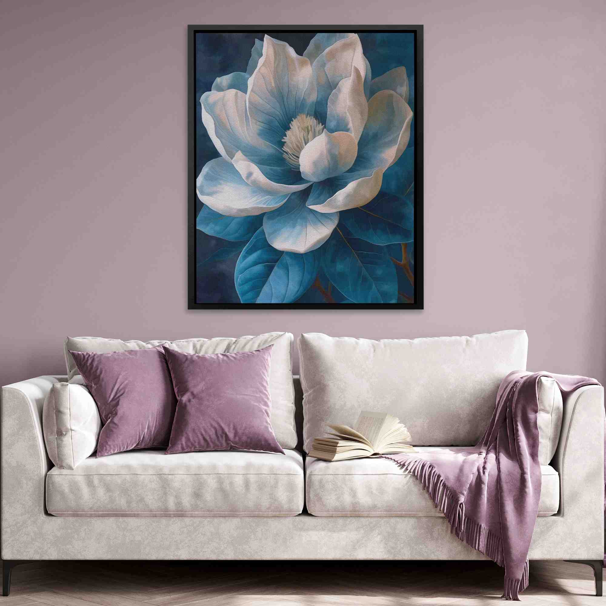 a painting of a blue and white flower