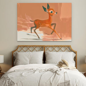 a painting of a deer on a wall above a bed