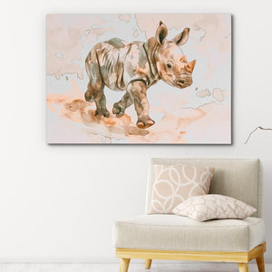 a painting of a rhino on a wall above a chair