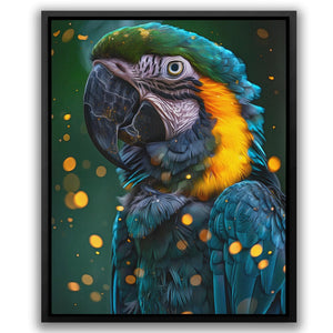 a painting of a colorful parrot on a green background