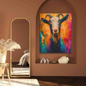 a painting of a goat on a wall next to a mirror