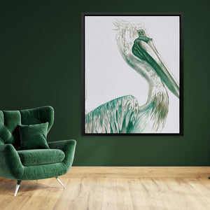 a green chair in a room with a painting of a pelican