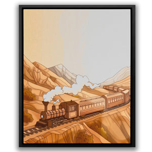 a painting of a train traveling through a mountainous area