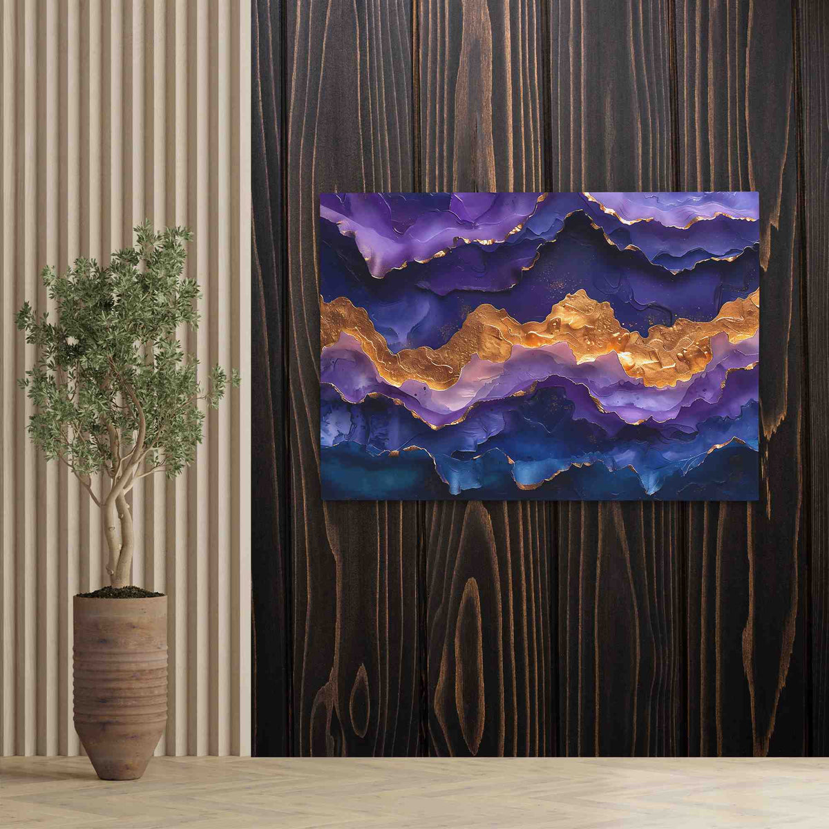 a painting on a wall next to a potted plant