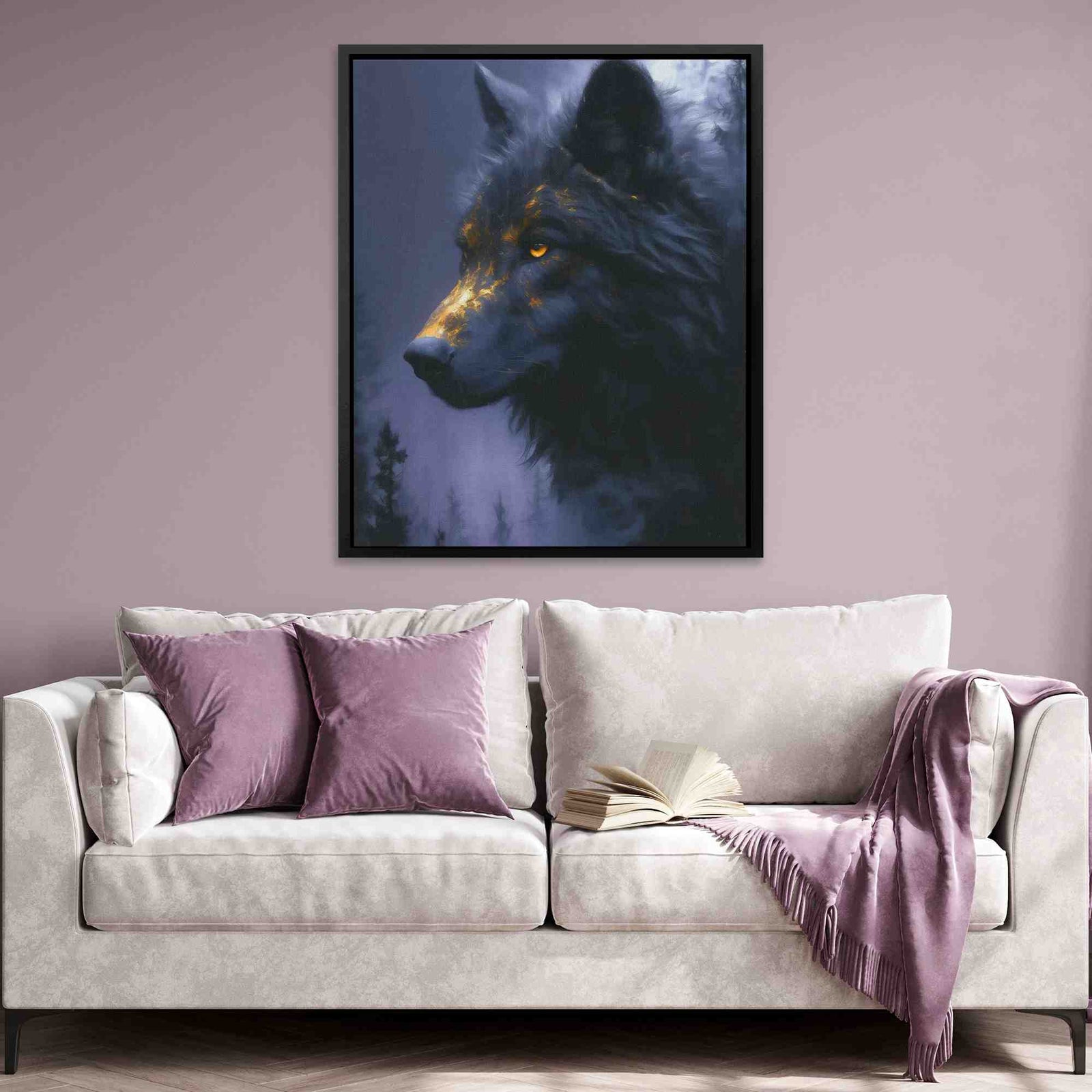 a living room with a couch and a painting of a wolf