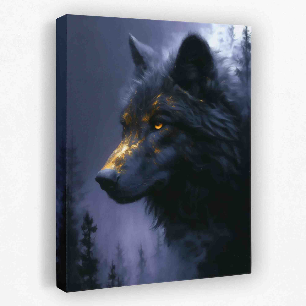 a painting of a wolf with yellow eyes