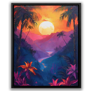 a painting of a tropical sunset with palm trees