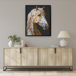 a painting of a giraffe on a wall above a sideboard