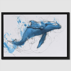 a drawing of a blue whale in a black frame