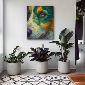a painting of a dog's face on a wall next to potted plants