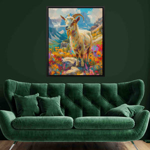 a painting of a goat on a green wall