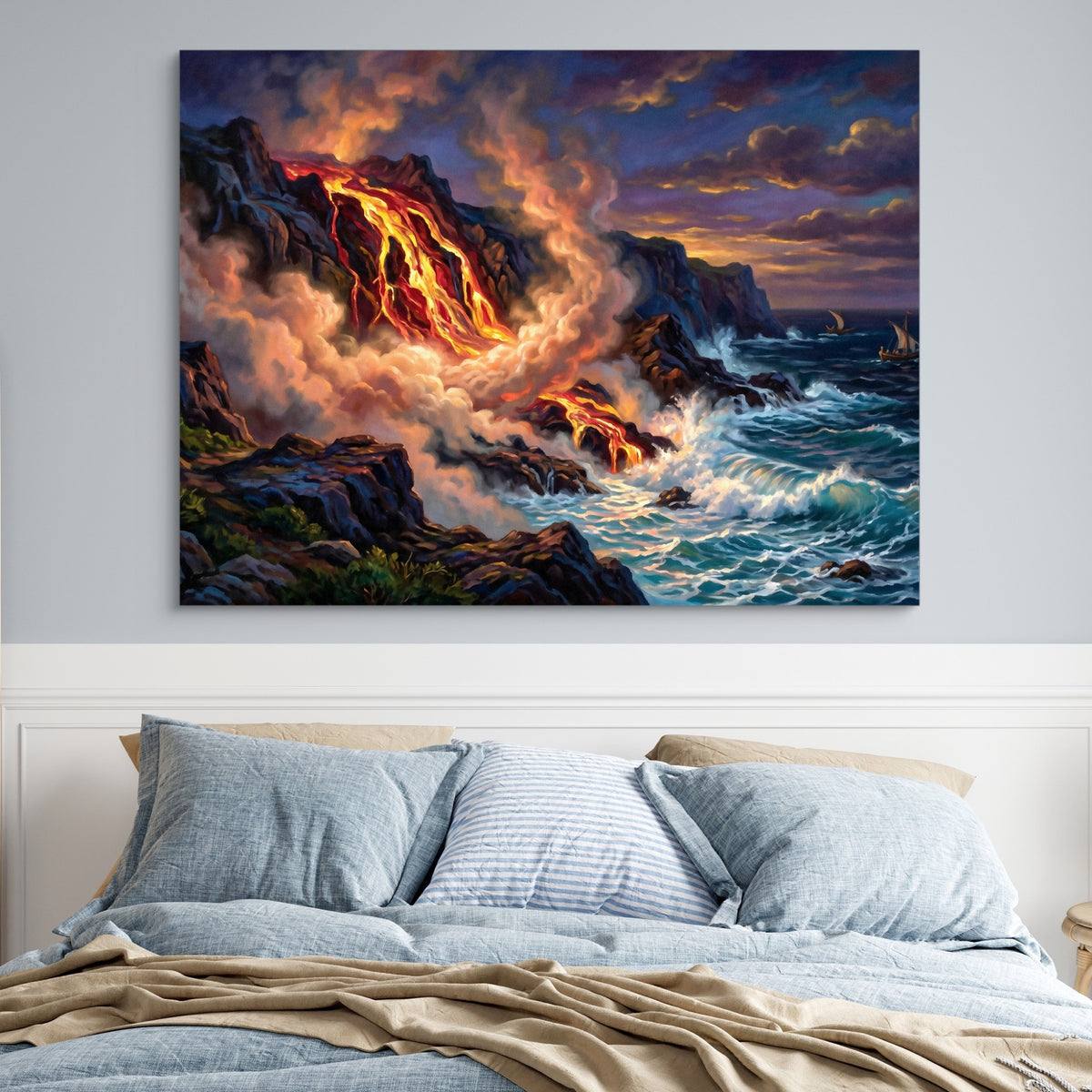 Fiery Ocean Shore — fiery ocean shore sq blue bedroom 1land flush print