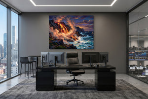 Fiery Ocean Shore — fiery ocean shore office desk with monitors 1land flush print