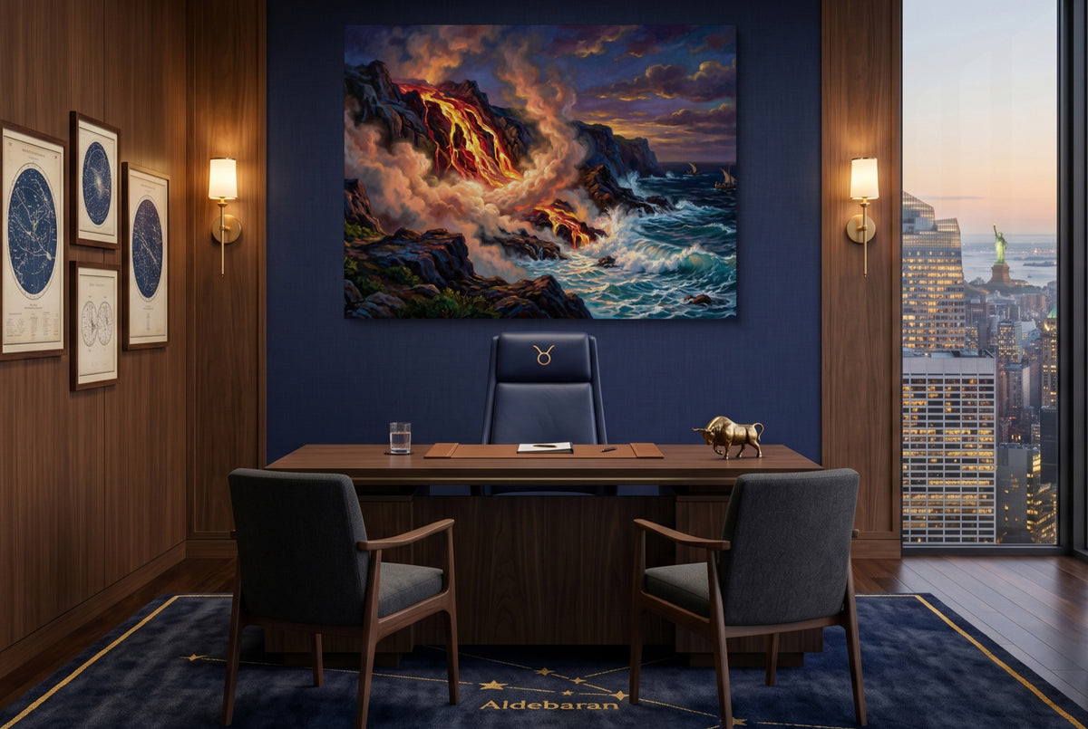 Fiery Ocean Shore — fiery ocean shore office with city view 1land flush print