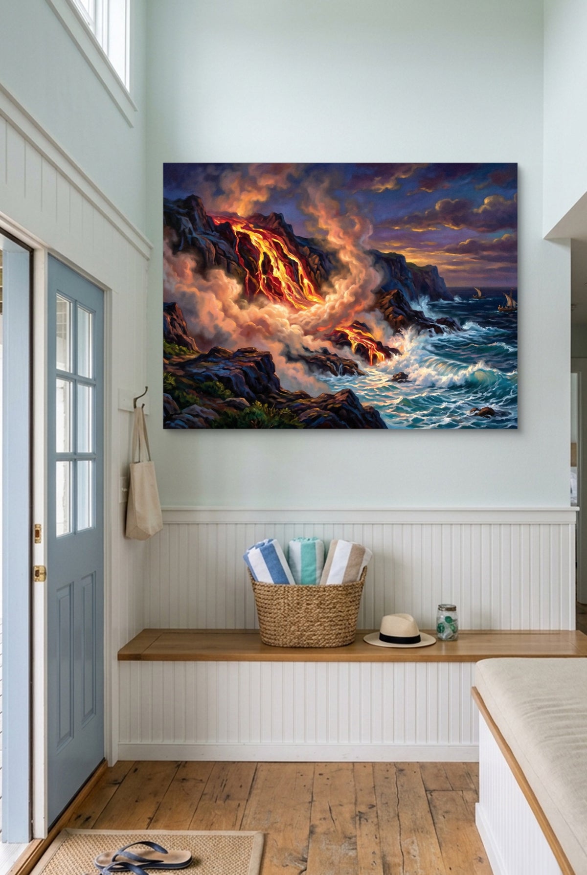 Fiery Ocean Shore — fiery ocean shore p indoor entryway with bench 1land flush print