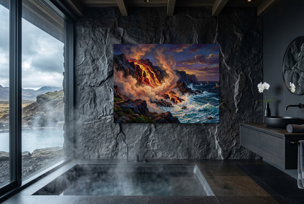 Fiery Ocean Shore — fiery ocean shore small bathroom with window 1land flush print