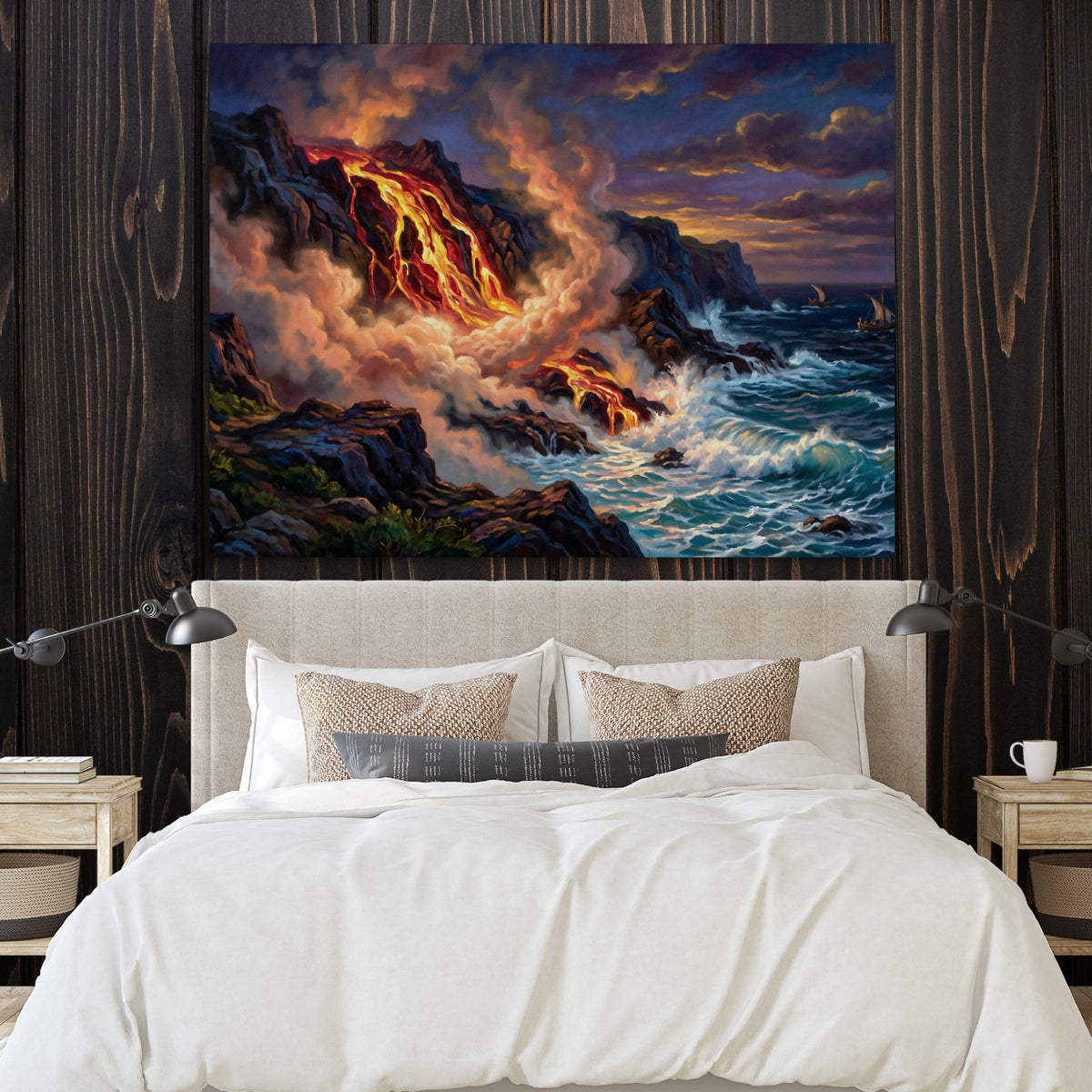 Fiery Ocean Shore — fiery ocean shore sq bedroom with wood walls 1land flush print