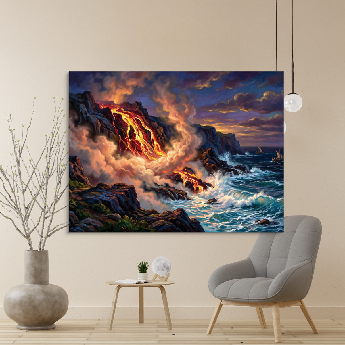 Fiery Ocean Shore — fiery ocean shore sq beige wall 1land flush print