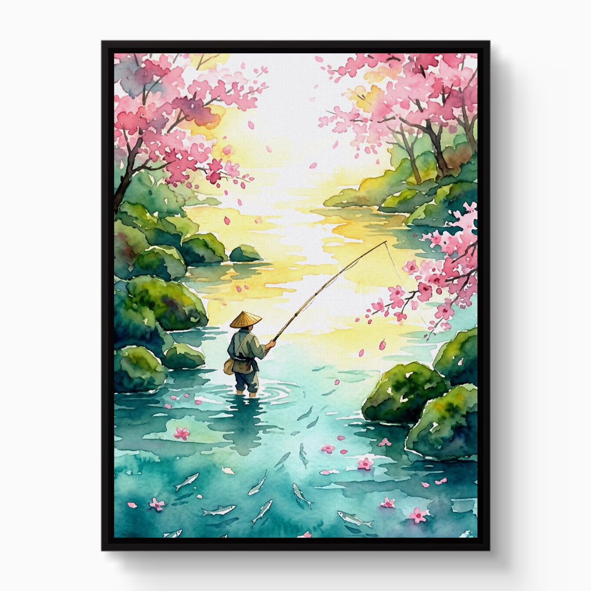 Fisherman Blossom River — fisherman blossom river white studio framed black