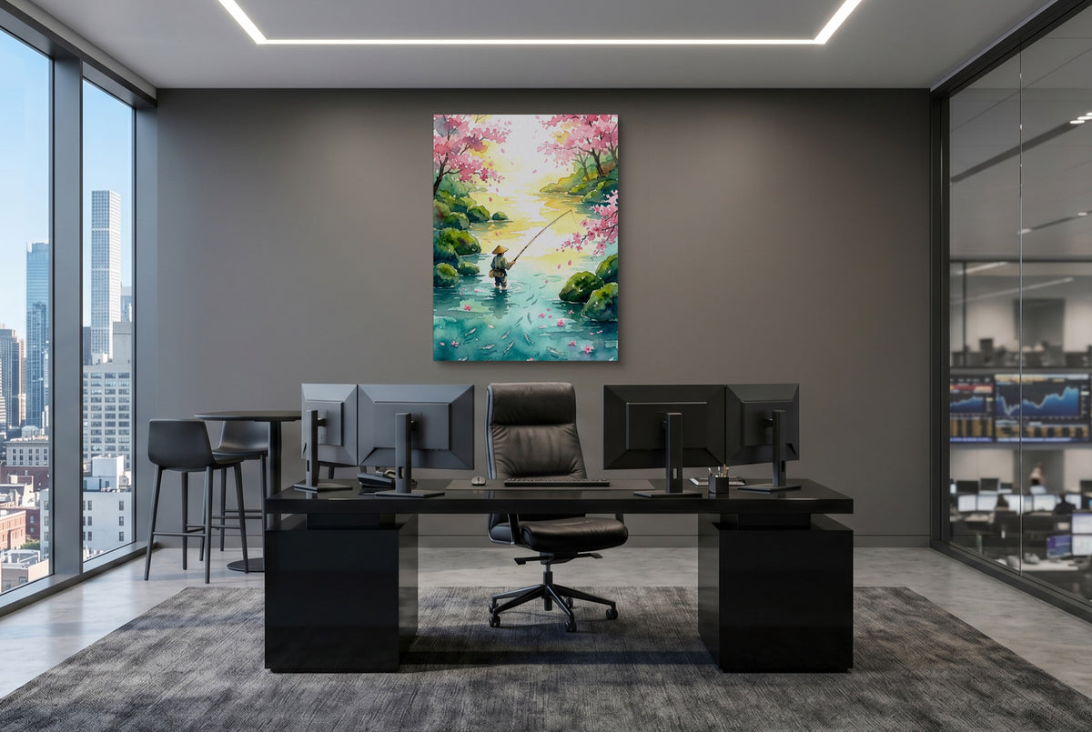 Fisherman Blossom River — fisherman blossom river office desk with monitors 1port flush print