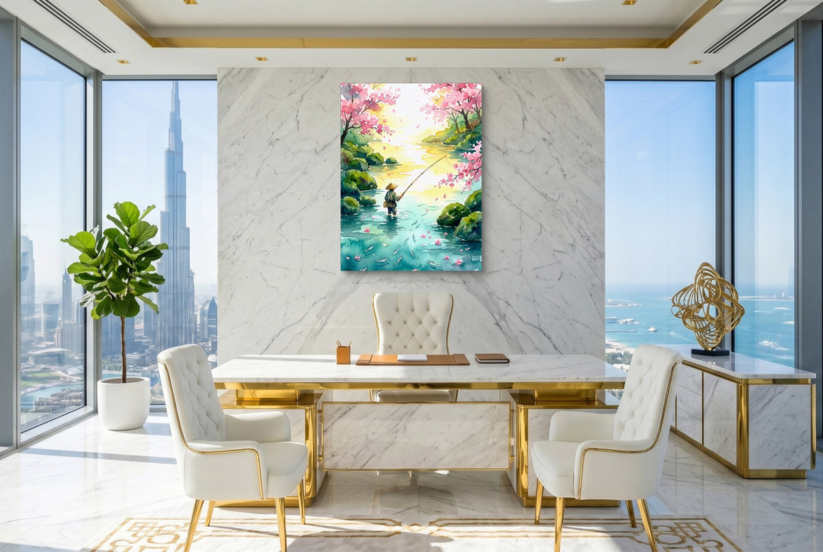 Fisherman Blossom River — fisherman blossom river office with city view 2 1port flush print