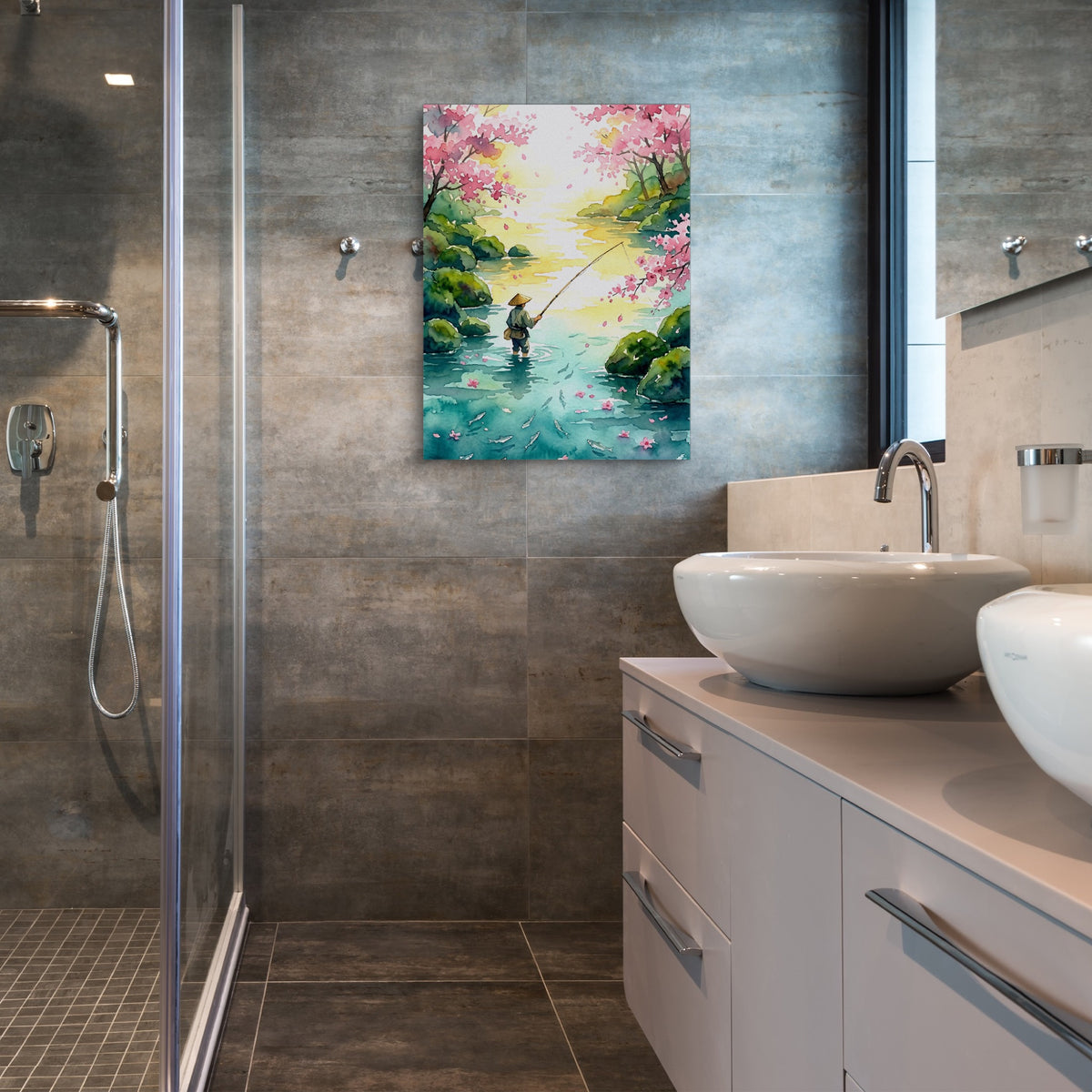 Fisherman Blossom River — fisherman blossom river sq bathroom 1port flush print