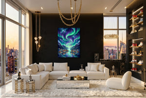 Fjordland Aurora Dance — fjordland aurora dance modern living room interior 2 1port flush print