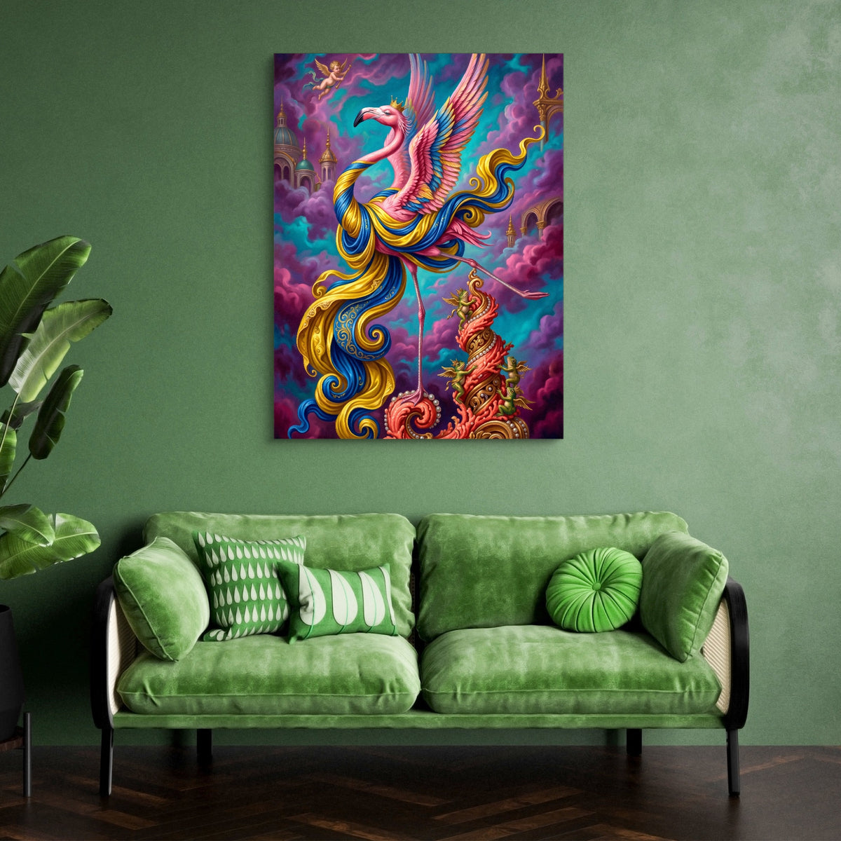 Flamingo Cloud Kingdom — flamingo cloud kingdom sq green couch 1port flush print