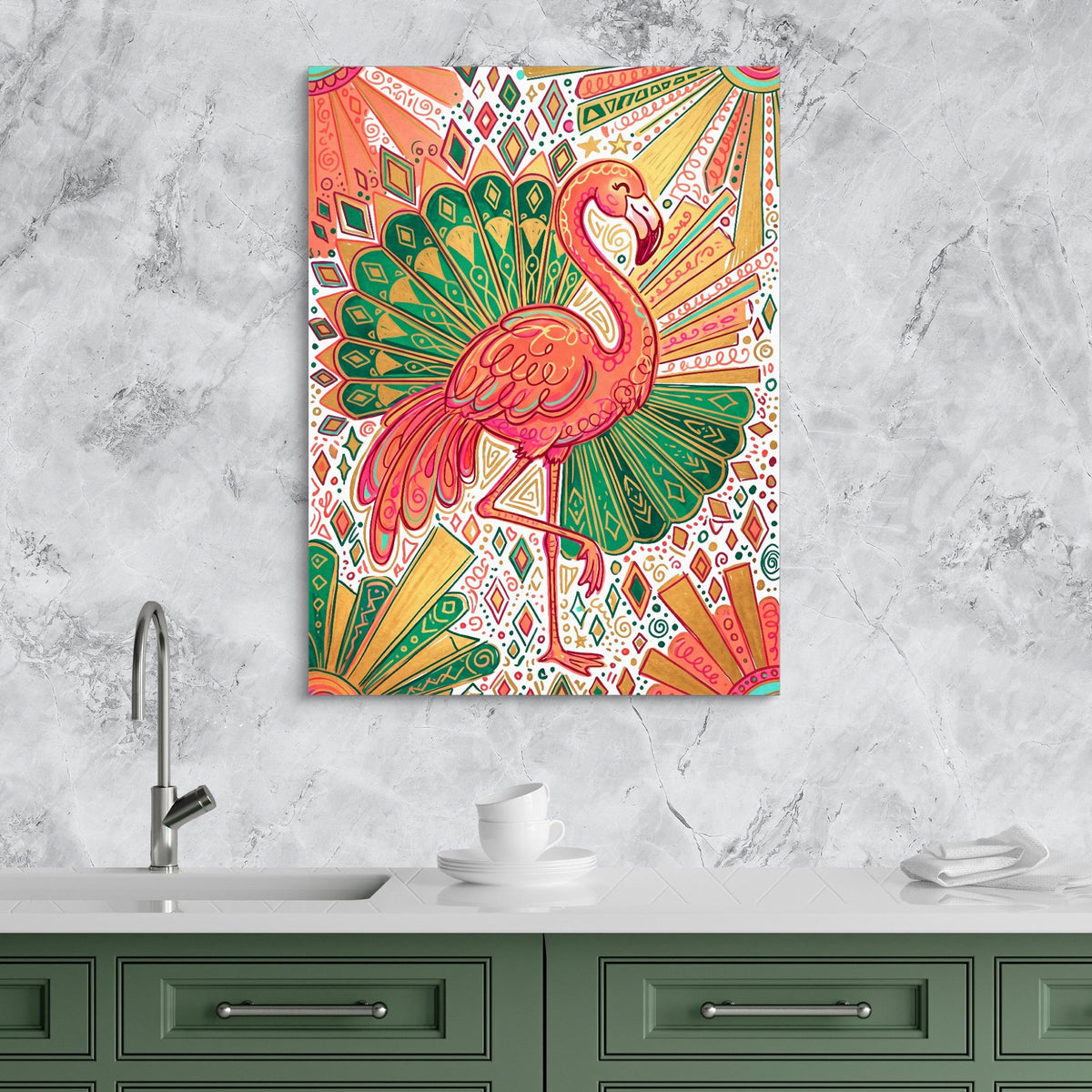 Flamingo Emerald Fan - Luxury Wall Art