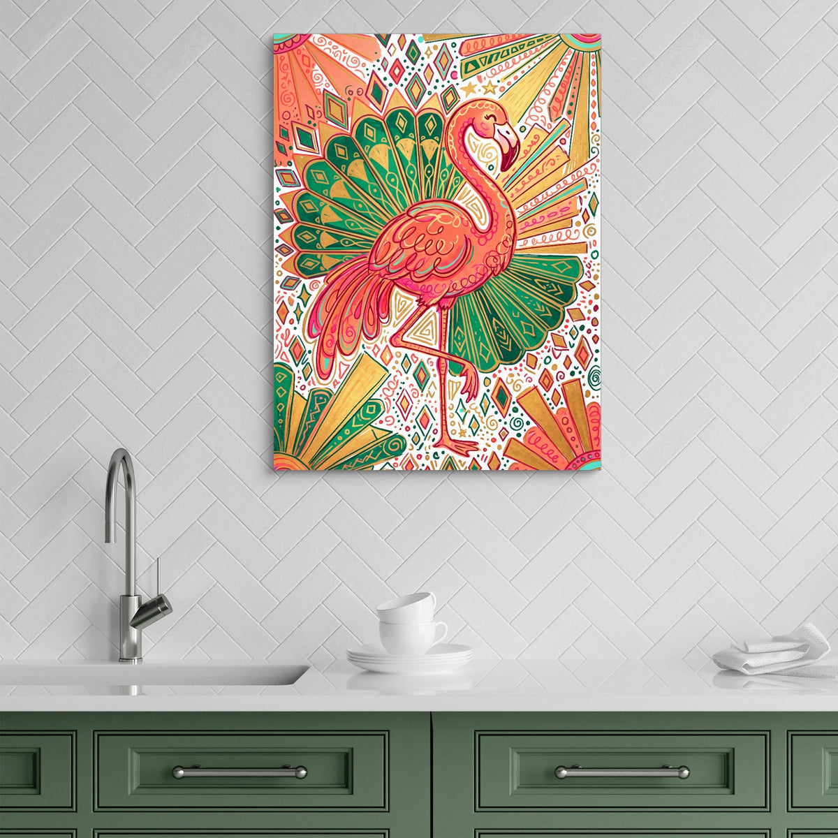 Flamingo Emerald Fan - Luxury Wall Art