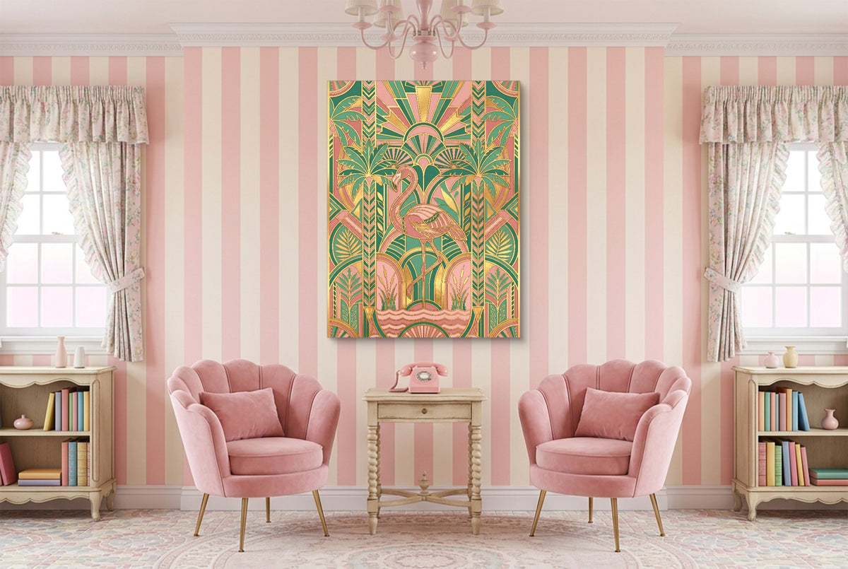 Flamingo Golden Paradise — flamingo golden paradise pink living room interior 1port flush print
