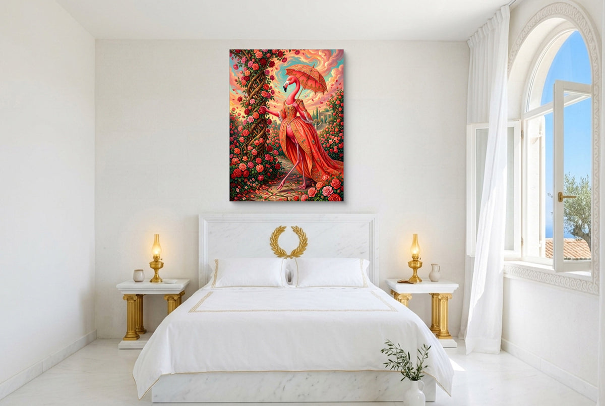 Flamingo's Rose Stroll — flamingo's rose stroll bedroom with window 1port flush print
