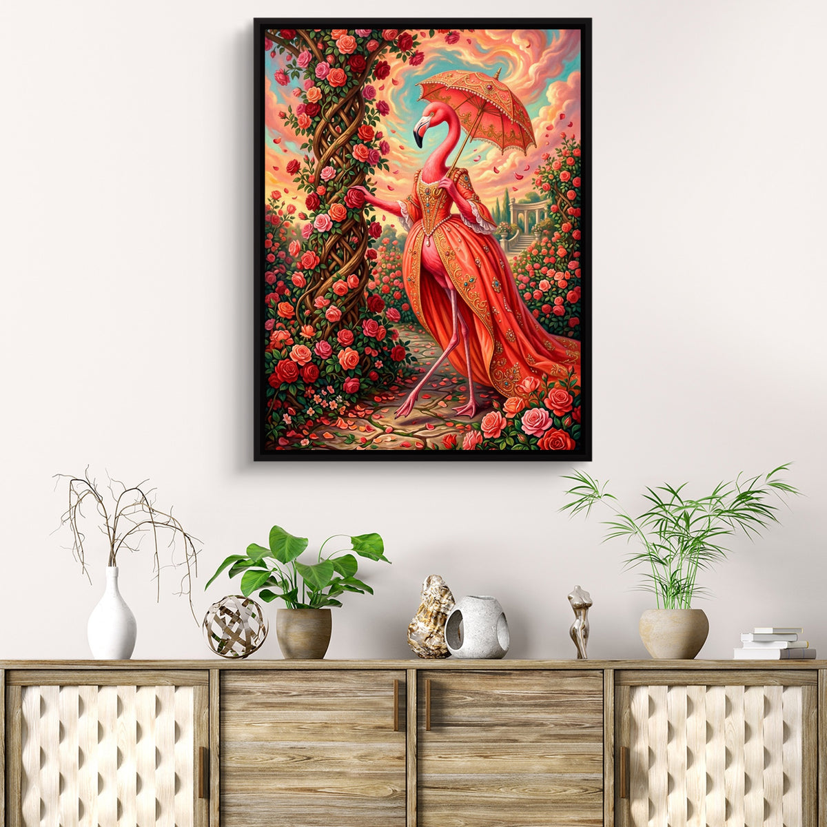 Flamingo's Rose Stroll — flamingo's rose stroll sq beach cabinet 1port framed black