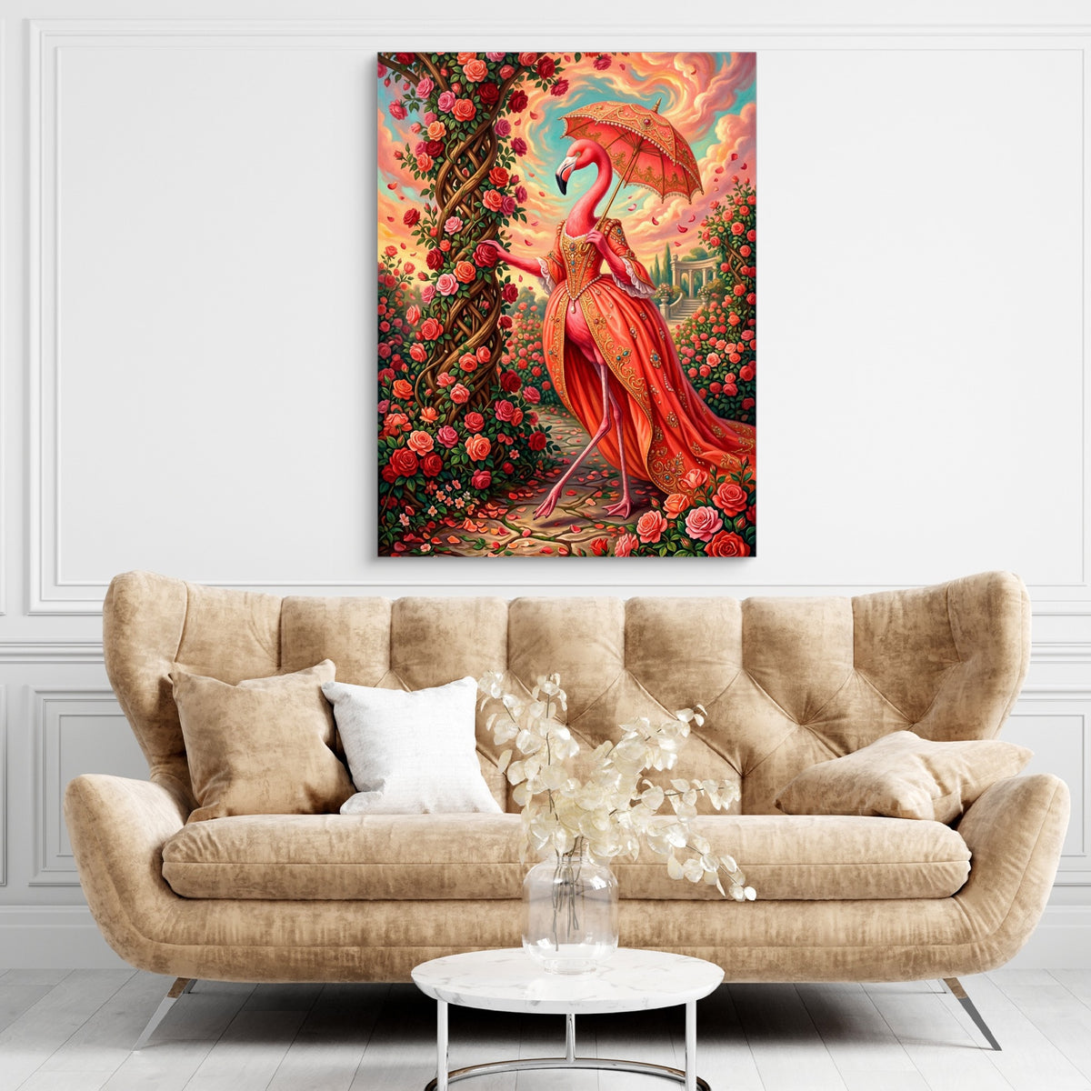 Flamingo's Rose Stroll — flamingo's rose stroll sq brown living room 1port flush print