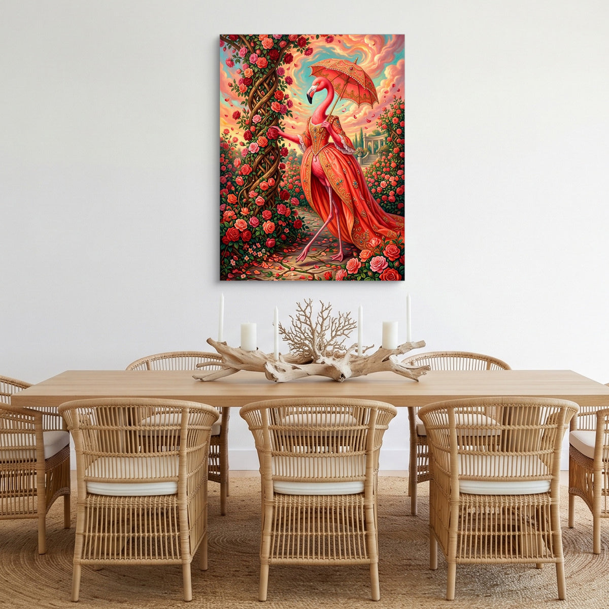 Flamingo's Rose Stroll — flamingo's rose stroll sq cozy dining room 1port flush print