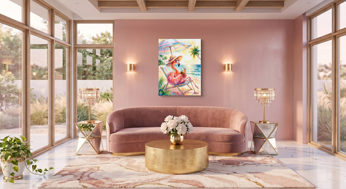 Flamingo Siesta — flamingo siesta pink living room 1port flush print