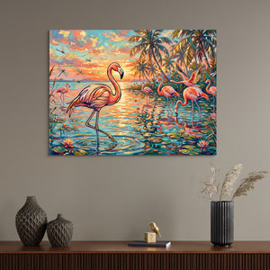 Flamingos Tropical Sunset — flamingos tropical sunset sq wall desk bird 1land flush print