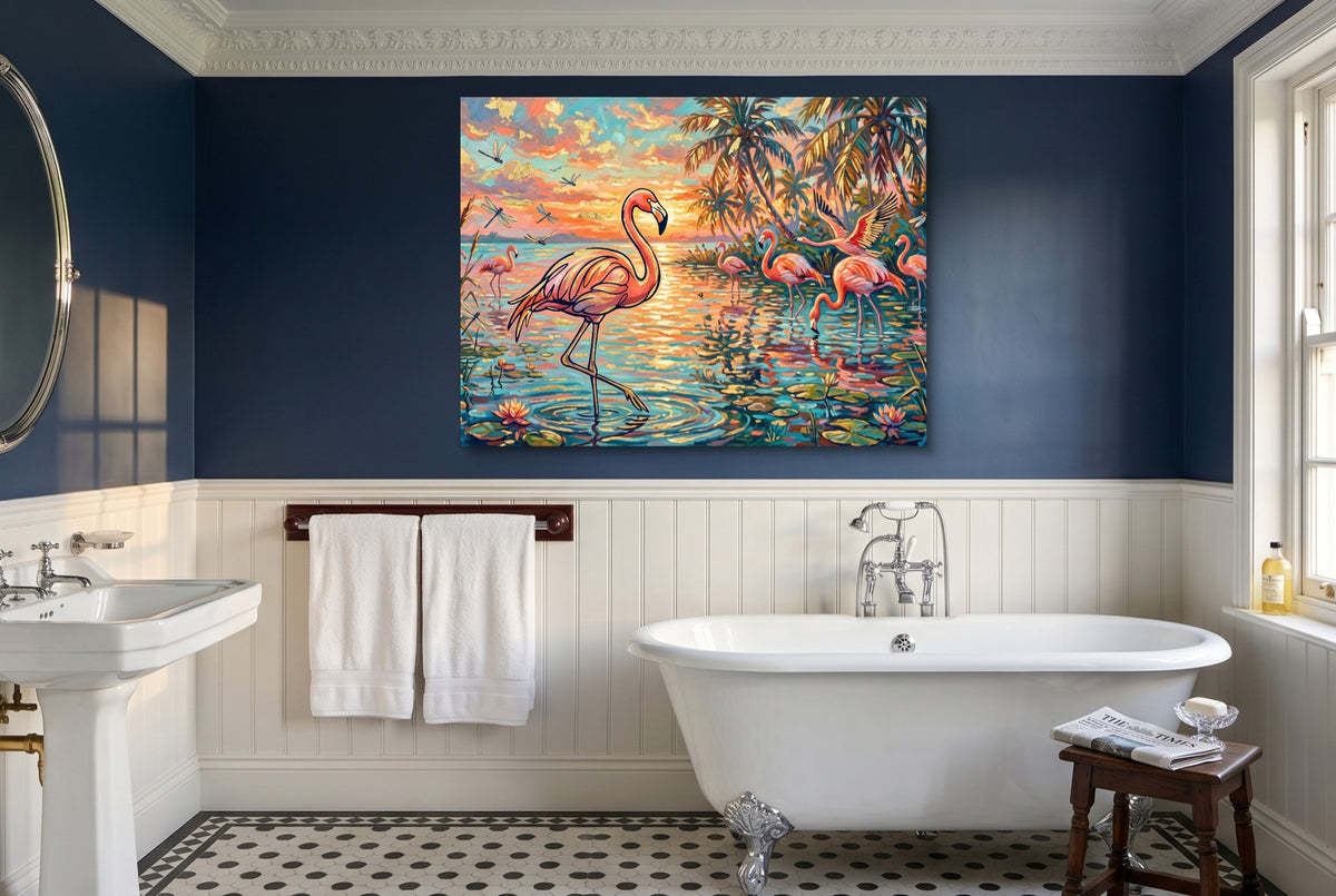 Flamingos Tropical Sunset — flamingos tropical sunset small bathroom interior 2 1land flush print
