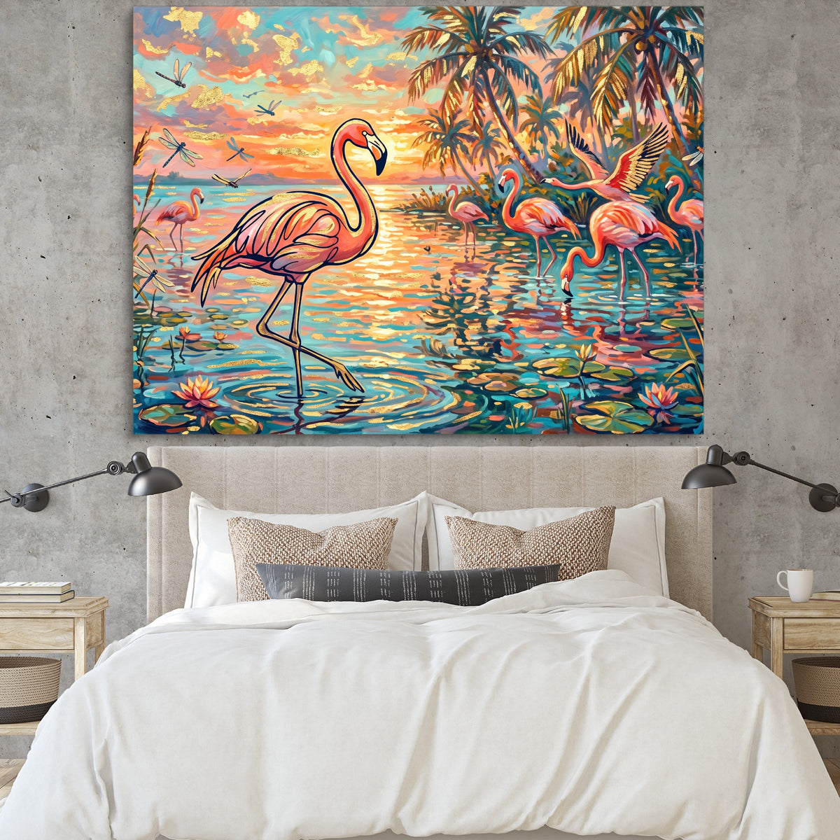 Flamingos Tropical Sunset — flamingos tropical sunset sq bedroom cement wall 1land flush print