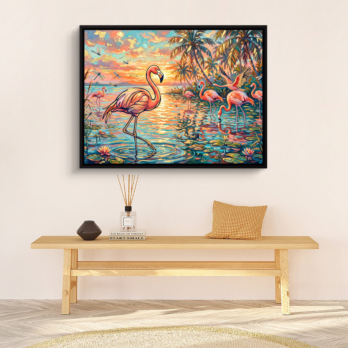Flamingos Tropical Sunset — flamingos tropical sunset sq hallway bench white wall 1land framed black