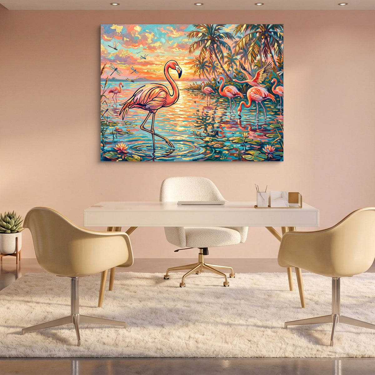 Flamingos Tropical Sunset — flamingos tropical sunset sq pink office 1land flush print