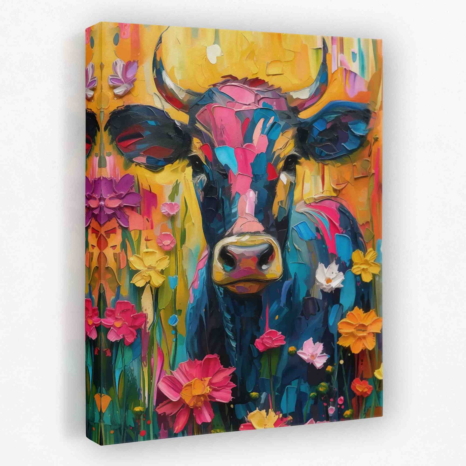 Floral Farm Cow - Animals Canvas Wall Art