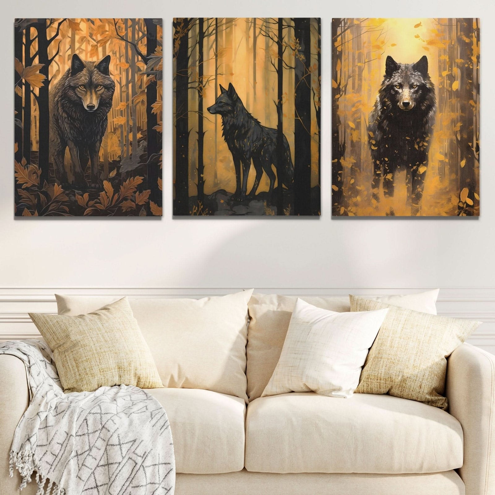 Forest Wolves in Gold (3) Set - Wolf Canvas Wall Art