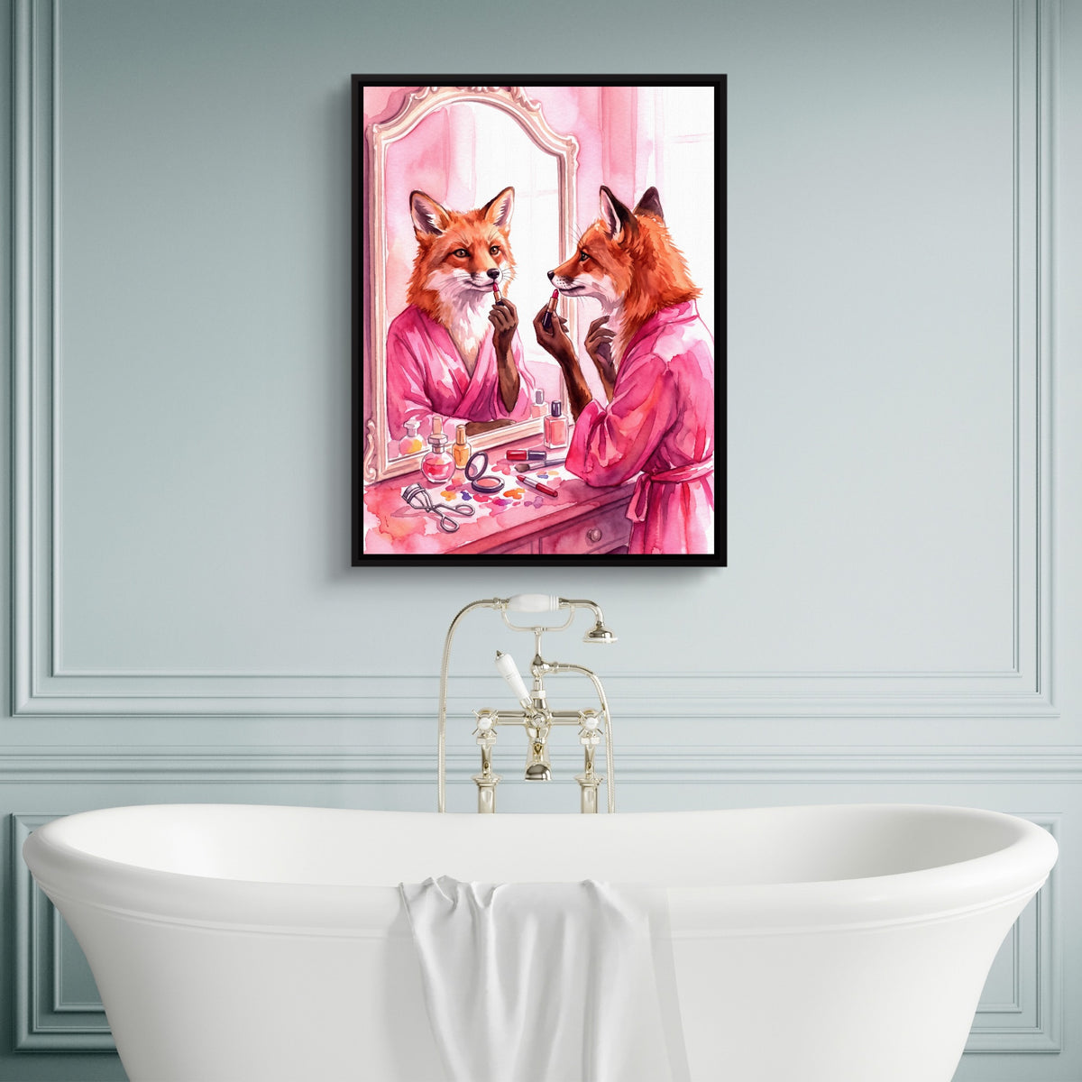 Fox Applies Lipstick — fox applies lipstick sq luxury bathroom wall 1port framed black