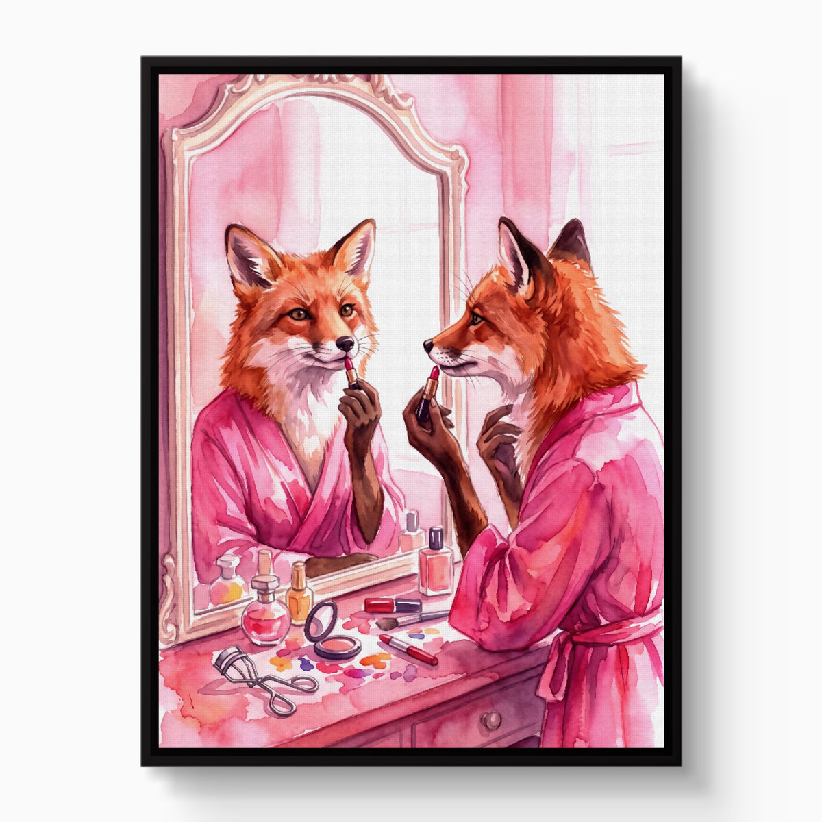 Fox Applies Lipstick — fox applies lipstick white studio framed black