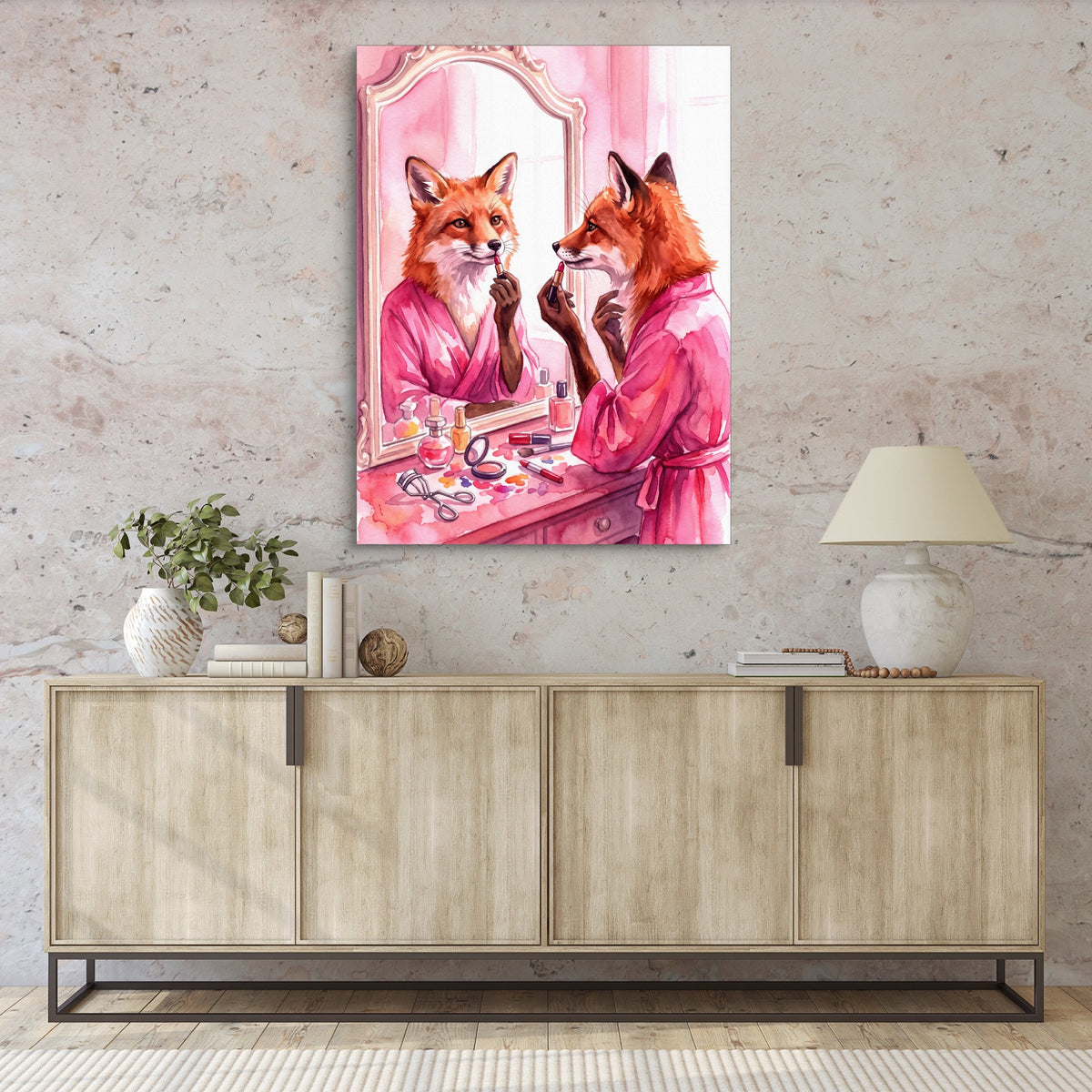 Fox Applies Lipstick — fox applies lipstick sq hallway granite wall 1port flush print