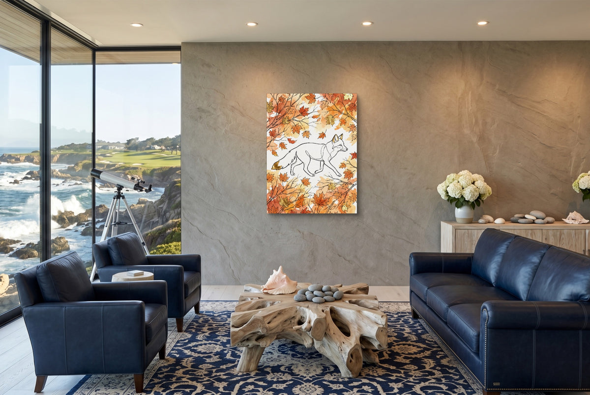 Fox Autumn Stroll — fox autumn stroll living room with ocean view 1port flush print